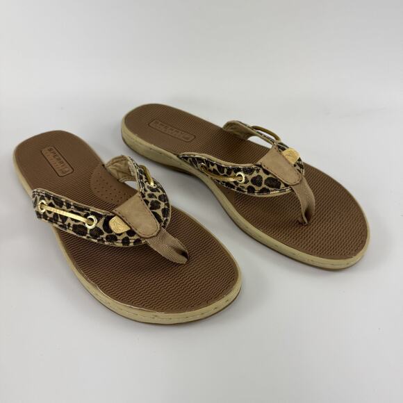Sperry Women’s Top-Sider Flip Flop Thong Leopard Tan Leather Sandals Size 9 - Picture 1 of 8